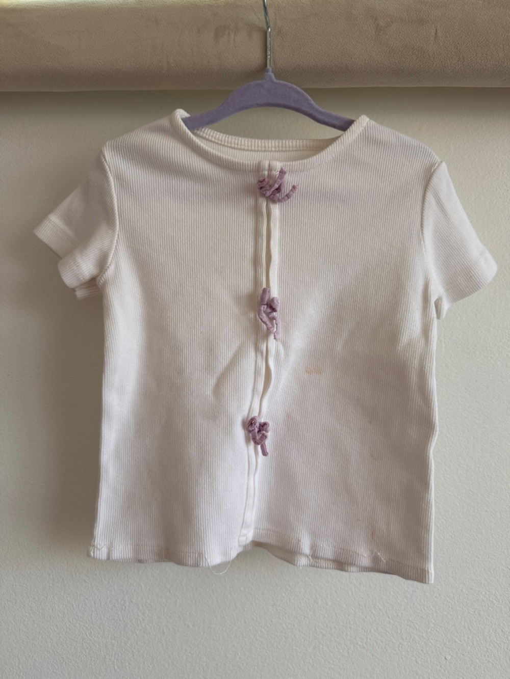 Zara white Short-Sleeve Ribbed Top with Lavender Knot Trim